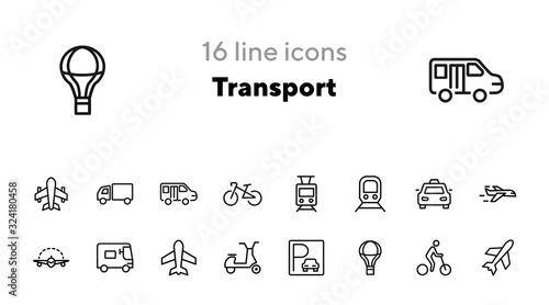 Transport line icon set. Set of line icons on white background. Airplane, bicycle, car. Travel concept. Vector illustration can be used for topics like tourism, active lifestyle