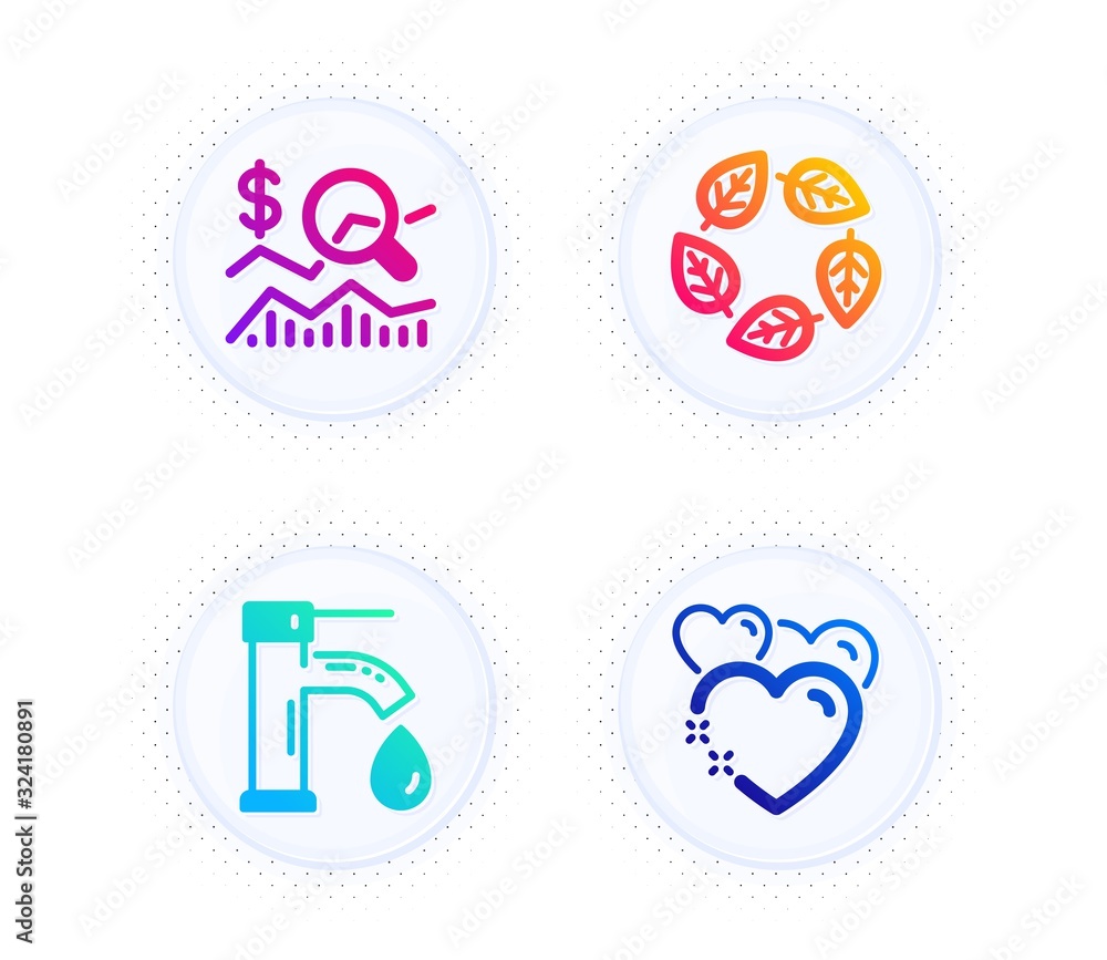 Tap water, Check investment and Organic tested icons simple set. Button with halftone dots. Heart sign. Faucet, Business report, Bio ingredients. Love. Business set. Vector Tap water, Check investment and Organic tested icons simple set. Button with halftone dots. Heart sign. Faucet, Business report, Bio ingredients. Love. Business set. Vector