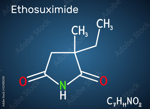 Ethosuximide, C7H11NO2 molecule. It is succinimide based anticonvulsant, useful in the treatment of absence seizures. Structural chemical formula on the dark blue background