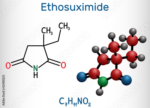 Ethosuximide, C7H11NO2 molecule. It is succinimide based anticonvulsant, useful in the treatment of absence seizures. Structural chemical formula and molecule model