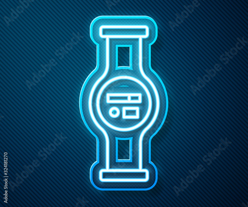 Glowing neon line Water meter with pipeline icon isolated on blue background. Vector Illustration