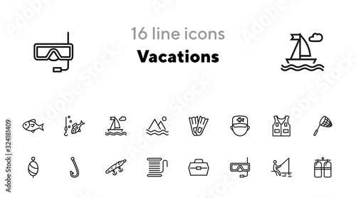 Vacations line icon set. Set of line icons on white background. Fishing, flippers, aqualung. Holiday concept. Vector illustration can be used for topics like travel, trip, tourism