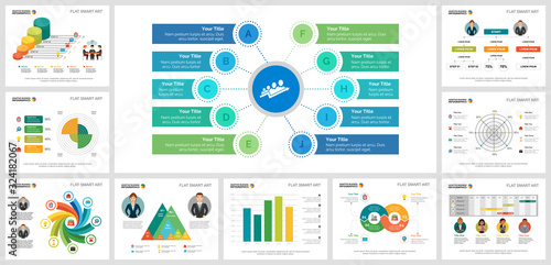 Colorful analytics or planning concept infographic charts set. Business design elements for presentation slide templates. For corporate report, advertising, leaflet layout and poster design.