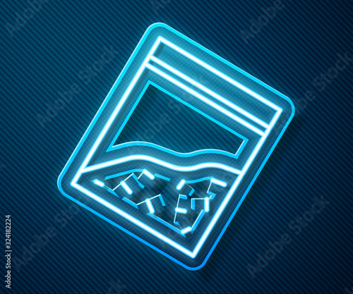 Glowing neon line Plastic bag of drug icon isolated on blue background. Health danger. Vector Illustration