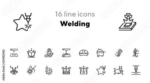 Welding line icon set. Set of line icons on white background. Engine concept. Monitor, worker, electricity. Vector illustration can be used for topics like machinery, automatic, factory