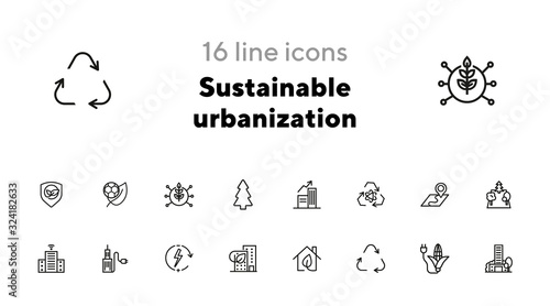 Sustainable urbanization icon set. Line icons collection on white background. City, recycling, consumption. Renewable energy concept. Can be used for topics like environment, engineering, development