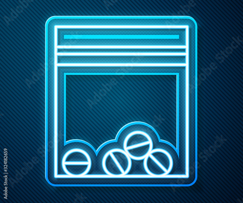 Glowing neon line Plastic bag of drug icon isolated on blue background. Health danger. Vector Illustration