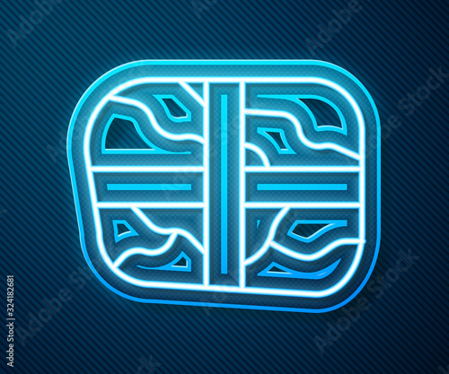 Glowing neon line Package with cocaine icon isolated on blue background. Health danger. Vector Illustration
