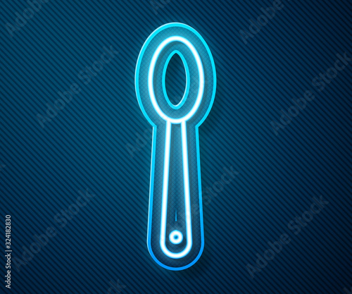 Glowing neon line Heroin in a spoon icon isolated on blue background. Concept of drug addiction and dependence from the narcotic. Junkie lifestyle. Vector Illustration
