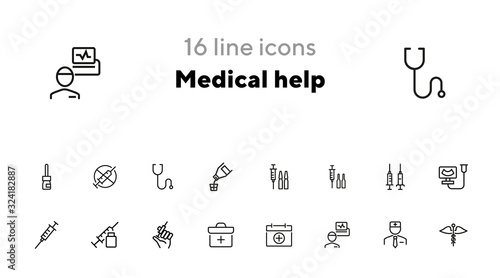 Medical help line icon set. Syringe, injection, doctor, first aid kit. Medicine concept. Can be used for topics like hospital, therapy, treatment