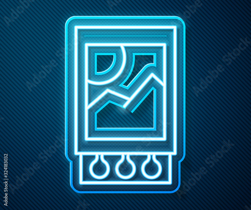 Glowing neon line Open matchbox and matches icon isolated on blue background. Vector Illustration