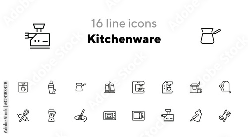 Kitchenware line icon set. Set of line icons on white background. Mixer, oven, knife. Cooking concept. Vector illustration can be used for topics like home, food, cooking