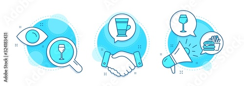 Wine glass, Burger and Double latte line icons set. Handshake deal, research and promotion complex icons. Bordeaux glass sign. Cheeseburger, Tea cup. Food and drink set. Vector