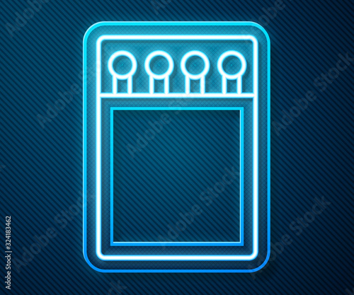 Glowing neon line Open matchbox and matches icon isolated on blue background. Vector Illustration