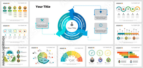 Colorful strategy or logistics concept infographic charts set. Business design elements for presentation slide templates. Can be used for financial report, workflow layout and brochure design.