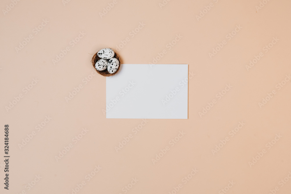 Сomposition of Easter eggs with paper card note . Easter holiday concept Сomposition of Easter eggs with paper card note . Easter holiday concept