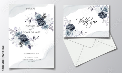 Fotografi Elegant gray floral wedding invitation card template with silver leaves and wate