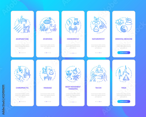 Alternative healing onboarding mobile app page screen with concepts set. Different complementary therapies walkthrough five steps graphic instructions. UI vector template with RGB color illustrations