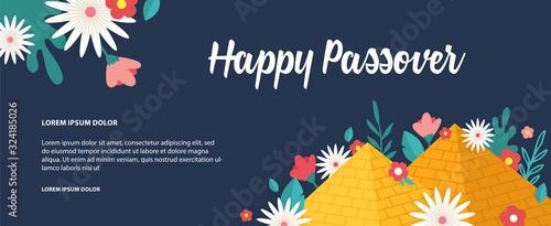 Jewish Passover holiday,Pesah celebration concept. Jewish banner with Egypt pyramids as a sign for Jew exodus from Egypt and spring flowers. vector illustration