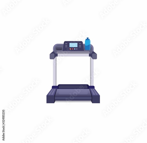 treadmill electronic in front view with drink bottle, running machine, fitness exercise, gym equipment symbol icon in cartoon flat illustration vector isolated in white background