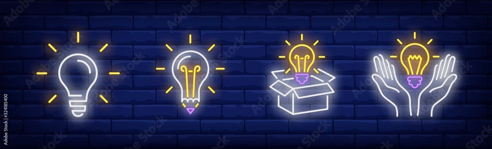 Lightbulbs neon sign set. Bulb, lamp, box, hands. Vector illustration in neon style, bright banner for topics like illumination, inspiration, idea - obrazy, fototapety, plakaty 