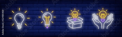 Lightbulbs neon sign set. Bulb, lamp, box, hands. Vector illustration in neon style, bright banner for topics like illumination, inspiration, idea