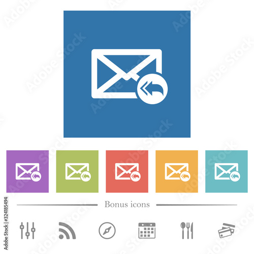 Mail reply to all recipient flat white icons in square backgrounds