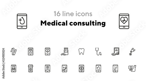 Medical consulting line icon set. Dentist, practitioner, pills. Healthcare concept. Can be used for topics like medicine, online doctor, mobile assistant
