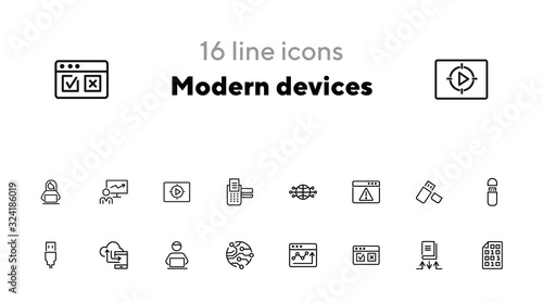 Modern devices icons. Set of line icons on white background. Web site, telephone, global. Technology concept. Vector illustration can be used for topics like progress, internet, worldwide