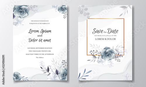 Elegant gray floral wedding invitation card template with silver leaves and watercolor frame