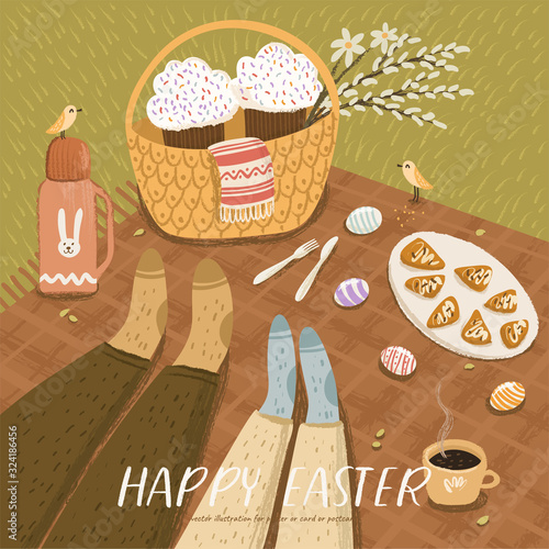Vector illustration for Easter with couple celebrating on picnic