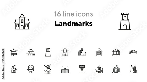 Landmarks line icon set. House, bridge, mill, fountain. Architecture concept. Can be used for topics like suburb, country, home