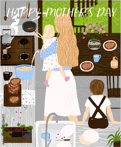 Vector illustration for Mother`s Day with mom and her children in the kitchen