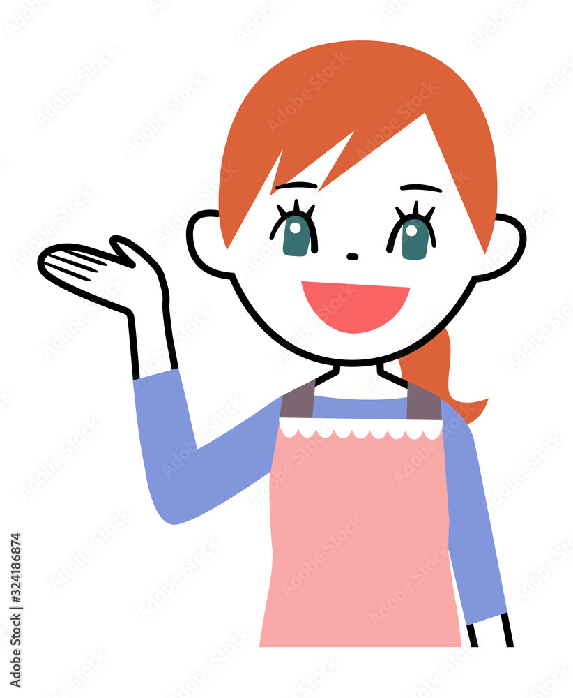 エプロンを着て笑顔で説明する若い女性 エプロンを着て笑顔で説明する若い女性