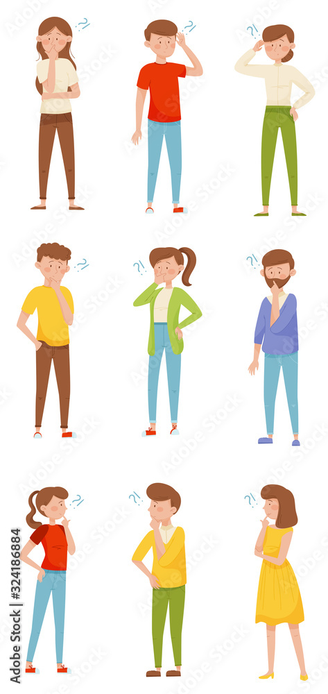 People Characters Standing with Thoughtful Expression on Their Faces and Question Marks Vector Illustrations Set