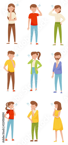 People Characters Standing with Thoughtful Expression on Their Faces and Question Marks Vector Illustrations Set