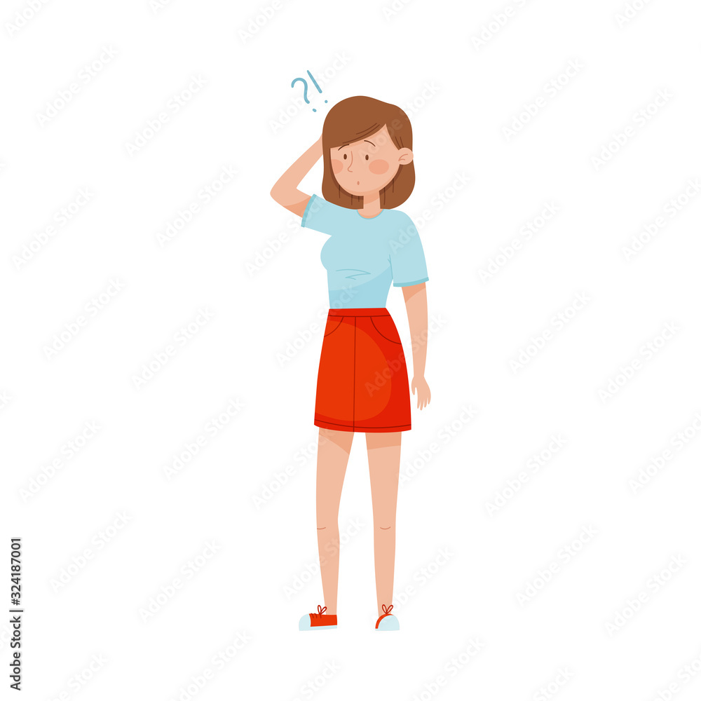 Young Woman Standing with Thoughtful Expression on Her Face and Question Mark Vector Illustration Young Woman Standing with Thoughtful Expression on Her Face and Question Mark Vector Illustration