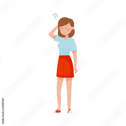 Young Woman Standing with Thoughtful Expression on Her Face and Question Mark Vector Illustration