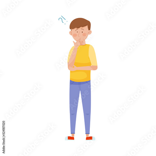 Young Dark-haired Man Standing with Thoughtful Expression on His Face and Question Mark Vector Illustration