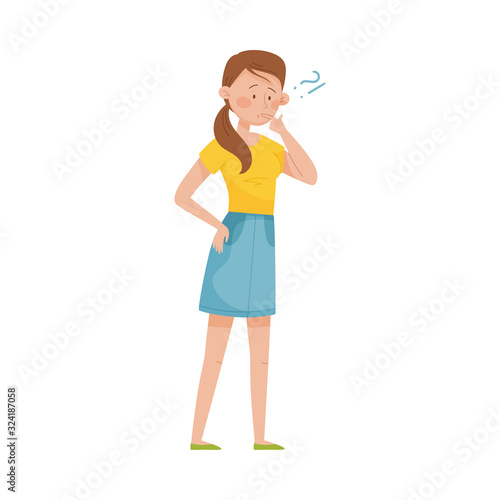 Thoughtful Woman Standing with Her Finger on Her Lips and Question Mark Vector Illustration