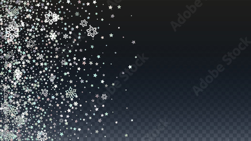 Christmas  Vector Background with Falling Glitter Snowflakes and Stars. Isolated on Transparent. Realistic Snow Twinkly Pattern. Glitter Overlay Print. Winter Party. Design for Banner, Poster.