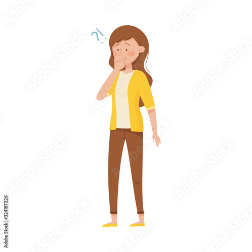 Thoughtful Woman Standing Touching Her Chin and Question Mark Vector Illustration