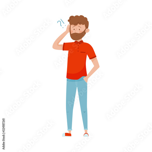 Young Bearded Man Standing with Thoughtful Expression on His Face and Question Mark Vector Illustration
