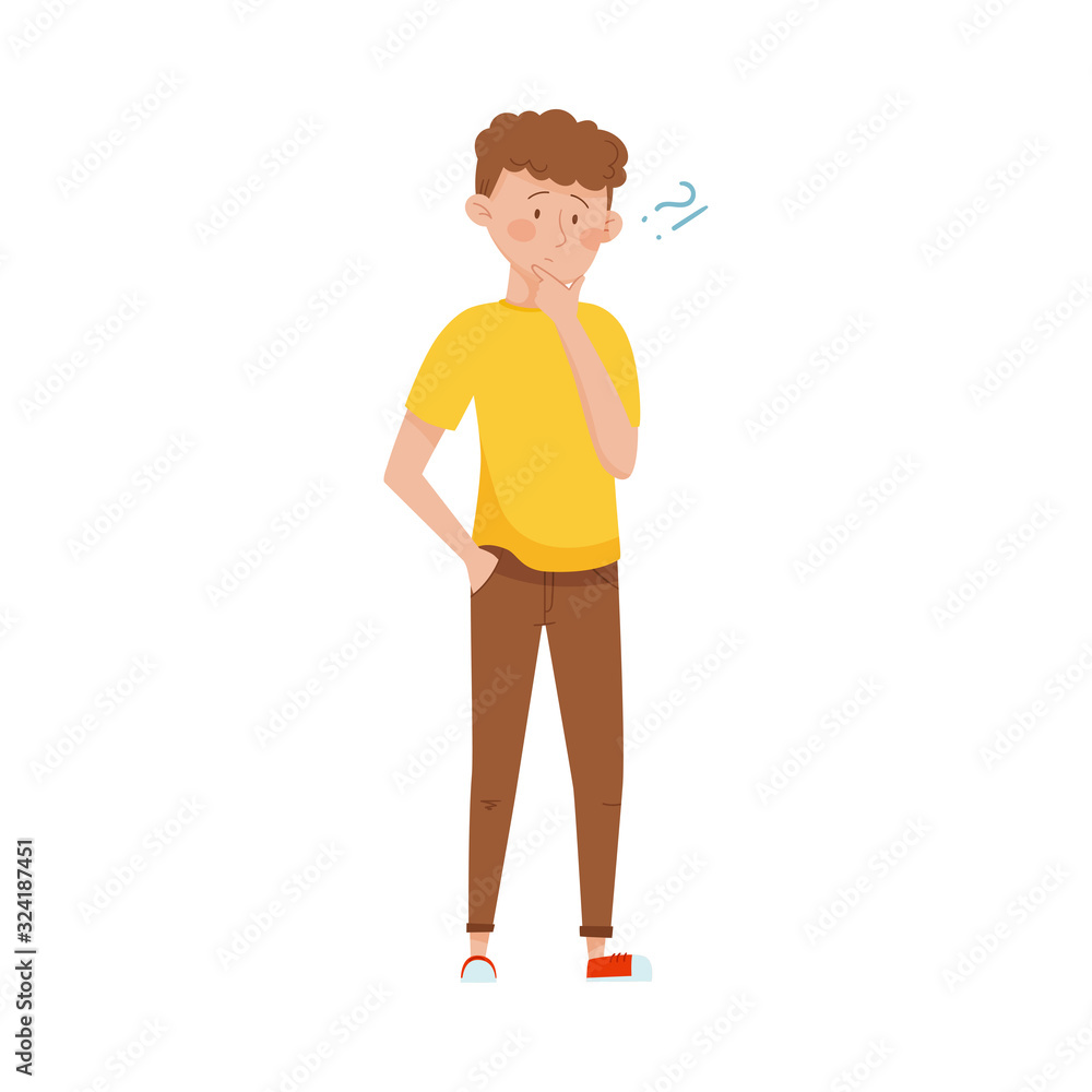 Young Dark-haired Man Standing with Thoughtful Expression on His Face and Question Mark Vector Illustration Young Dark-haired Man Standing with Thoughtful Expression on His Face and Question Mark Vector Illustration