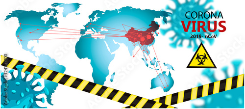 Vector stock poster with biohazard sign, police stripe, coronavirus images and map of the world. China is marked red as the place of origin of deadly 2019-nCoV coronavirus. For web articles, blog post