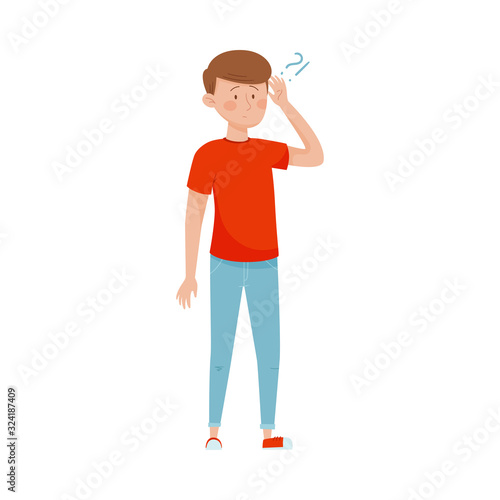 Young Man Standing with Thoughtful Expression on His Face and Question Mark Vector Illustration