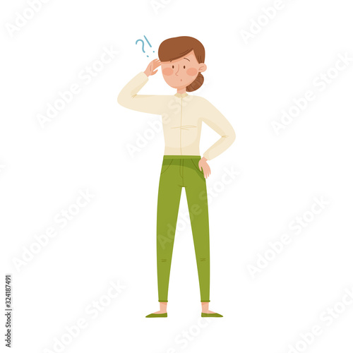 Young Woman Standing with Thoughtful Expression on Her Face and Question Mark Vector Illustration