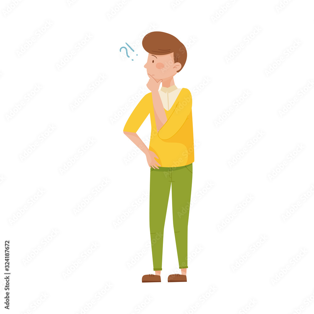 Young Dark-haired Man Standing with Thoughtful Expression on His Face and Question Mark Vector Illustration