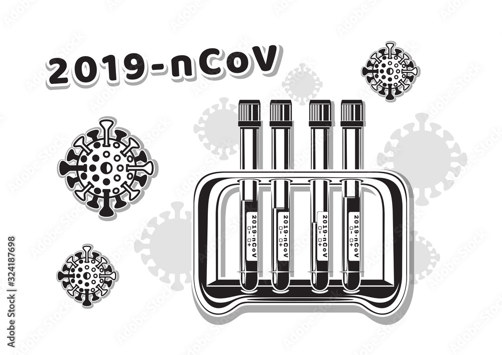 The 2019 novel coronavirus provisionally named 2019-nCoV. Test tube rack with Wuhan coronavirus test. Black and white stylized vector illustration The 2019 novel coronavirus provisionally named 2019-nCoV. Test tube rack with Wuhan coronavirus test. Black and white stylized vector illustration