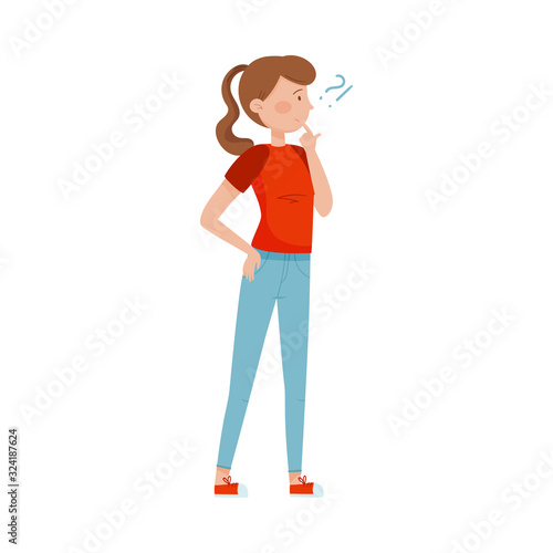 Thoughtful Woman Standing with Her Finger on Her Lips and Question Mark Vector Illustration